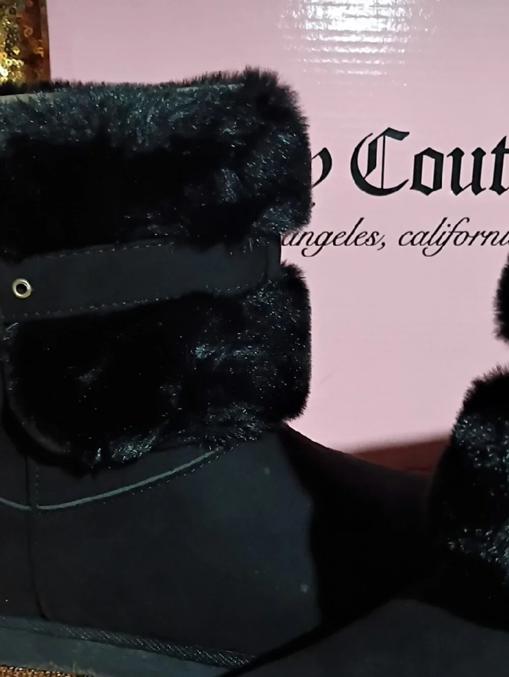 Juicy Couture Black Faux Fur Ankle Boots with Buckle Charm